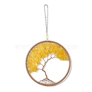 Wire Wrapped Chips Natural Yellow Aventurine Big Pendant Decorations, with Iron Chains and Imitation Leather Rope, Flat Round with Tree of Life, 295mm(HJEW-A005-07D)