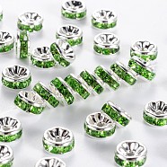 Brass Rhinestone Spacer Beads, Grade AAA, Straight Flange, Nickel Free, Silver Color Plated, Rondelle, Peridot, 8x3.8mm, Hole: 1.5mm(RB-A014-Z8mm-07S-NF)
