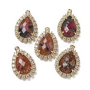 Natural Rhodonite Faceted Teardrop Pendants, Rack Plating Brass Micro Pave Clear Cubic Zirconia Drop Charms, Golden, 25x16.5x5.5mm, Hole: 1.4mm(G-I375-01G-09)