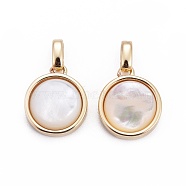 Natural White Shell Mother of Pearl Shell Pendants, with Brass Findings, Flat Round, Golden, 15x12.5x5mm, Hole: 2mm(BSHE-F011-02A-G)