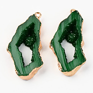 Druzy Resin Pendants, Imitation Geode Druzy Agate Slices, with Edge Light Gold Plated Iron Loops, Nuggets, Dark Green, 40.5~41.5x19.5x5.5mm, Hole: 1.6mm(X-RESI-R428-018B)