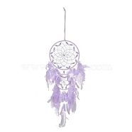 Iron Woven Web/Net with Feather Pendant Decorations, with Plastic Beads, Covered with Leather Cord, Flat Round, Lilac, 645mm(AJEW-B017-05)