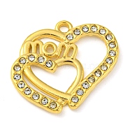 Ion Plating(IP) Real 18K Gold Plated 304 Stainless Steel Rhinestone Pendants, Heart with Word Mom Charms, for Mother's Day, Crystal, 19x22x2mm, Hole: 1.6mm(STAS-P341-12G-01)
