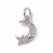 Brass Micro Pave Cubic Zirconia Charms, with Jump Ring, Moon & Star Charm, Platinum, 13x8x1mm, Hole: 3mm(ZIRC-F132-39P)