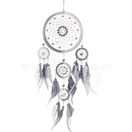 Woolen Yarn Woven Net/Web with Feather Pendant Decorations, Flat Round, Dark Gray, 650~700x160mm(HJEW-PW0001-045)
