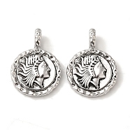 Brass Pendants, Flat Round with Antique Silver Women, Platinum, 27x19x3mm, Hole: 3x5mm(KK-S368-15P)