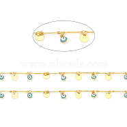 Brass Bar Link Chains, with Enamel, Long-Lasting Plated, Soldered, with Spool, Eye & Flat Round, Real 18K Gold Plated, Turquoise, Link: 13x2x1mm, Eye: 7x5x4mm, Flat Round: 6x0.2mm, about 32.8 Feet(10m)/roll(CHC-I031-10A)