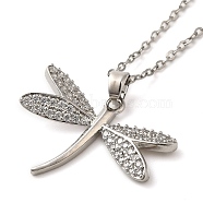 Brass Pave Clear Cubic Zirconia Dragonfly Pendant Necklaces, 304 Stainless Steel Cable Chain Necklaces, Platinum, 15.87 inch(40.3cm)(NJEW-M080-03)