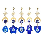 Handmade Evil Eye Lampwork Pendant Decoration Sets, Sun and Moon Charm Decoration, Teardrop & Star & Flat Round & Hamsa Hand & Heart, Dark Blue, 120~139mm, 5pcs/set(HJEW-JM00912)