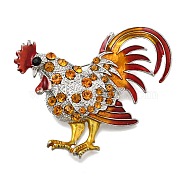 Rooster Enamel Pins, Alloy Rhinstone Brooches for Backpack Clothes, Goldenrod, 60x64mm(JEWB-V001-01B)