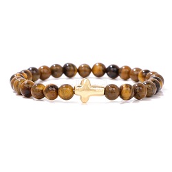 Natural Tiger Eye Beads Stretch Bracelets, Cross, 7-1/2 inch(19cm)(PW-WG5C559-01)