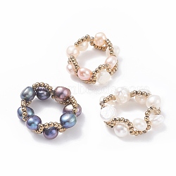 3Pcs 3 Color Natural Pearl & Glass Seed Braided Bead Finger Rings, Wire Wrap Jewelry for Women, Mixed Color, US Size 10 1/4(19.9mm)(RJEW-JR00464)