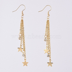 Tassel Dangle Earrings, with 304 Stainless Steel Star Charms & Cable Chains, Brass Rhinestone Charms & Real 18K Gold Plated Earring Hooks, 84mm, Pin: 0.7mm(EJEW-JE04024)