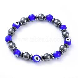 Handmade Evil Eye Lampwork Beads Stretch Bracelets, with Non-Magnetic Synthetic Hematite Beads, Round, Blue, 2-1/4 inch(5.8cm)(X-BJEW-JB04461-02)