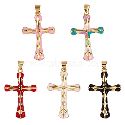 5Pcs 5 Colors Brass Enamel Pendants, Real 18K Gold Plated, Long-Lasting Plated, Cross, Mixed Color, 32.5x21.5x3.5mm, Hole: 5x3mm, 1pc/color(KK-SZ0004-07)