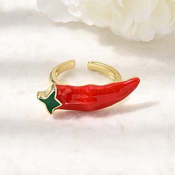 Brass Enamel Cuff Open Rings for Women, Hot Pepper Charms, Rack Plating, Long-Lasting Plated, Lead Free & Cadmium Free, Real 18K Gold Plated, 10x30.5mm, US Size 7 1/4(17.5mm)(RJEW-K264-14G)