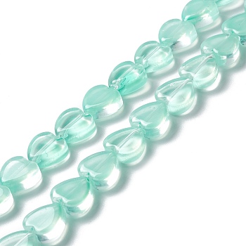 Transparent Glass Beads Strand, Heart, Aquamarine, 9.5~10x10x3.5~4.5mm, Hole: 0.8~1mm, about 35pcs/strand, 13.15~13.31 inch(33.4~33.8cm)