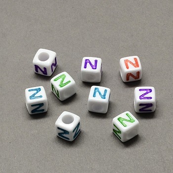 Large Hole Colorful Acrylic Letter European Beads, Horizontal Hole, Cube with Letter.N, 7x7x7mm, Hole: 4mm, about 1144pcs/500g