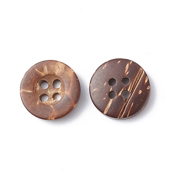 Carved Round 4-hole Basic Sewing Button, Coconut Button, BurlyWood, about 13mm in diameter, about 100pcs/bag