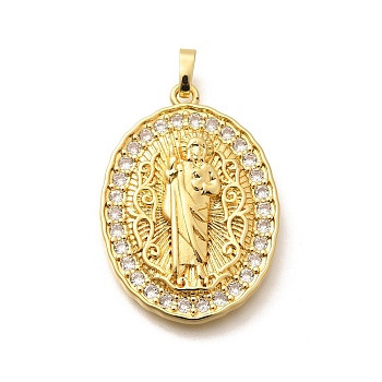 Religion Themed Rack Plating Brass Micro Pave Cubic Zirconia Pendants, Long-Lasting Plated, Lead Free & Cadmium Free, Mixed Shape Charms, Oval, 33x24x5mm, Hole: 5x3mm