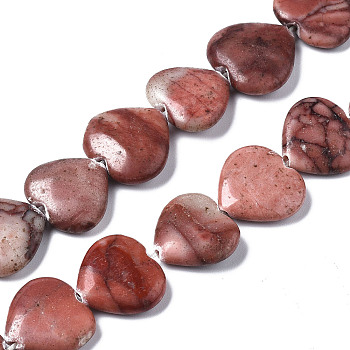 Natural Red Picture Jasper Beads Strands, Heart, 14~15x15~17x4~5mm, Hole: 0.6mm, about 20pcs/strand, 16.38 inch(41.6cm)