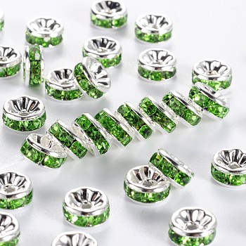 Brass Rhinestone Spacer Beads, Grade AAA, Straight Flange, Nickel Free, Silver Color Plated, Rondelle, Peridot, 8x3.8mm, Hole: 1.5mm