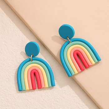 Polymer Clay Arch Dangle Stud Earrings for Women, Dark Turquoise, 60x40mm