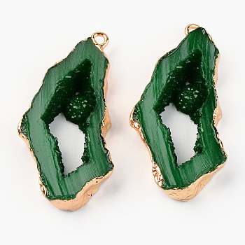 Druzy Resin Pendants, Imitation Geode Druzy Agate Slices, with Edge Light Gold Plated Iron Loops, Nuggets, Dark Green, 40.5~41.5x19.5x5.5mm, Hole: 1.6mm