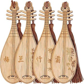 4Pcs 4 Style Ancient Musical Instrument Pipa Chinese Style Bookmark with Tassels for Book Lover, Chinese Character and Drawing Engraved Bamboo Bookmark, BurlyWood, Mixed Patterns, 120.5x39.5x2.3mm, 1pc/style