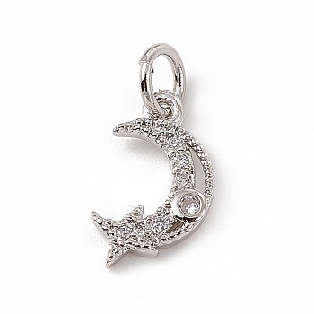 Brass Micro Pave Cubic Zirconia Charms, with Jump Ring, Moon & Star Charm, Platinum, 13x8x1mm, Hole: 3mm