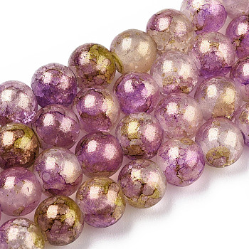 Baking Painted Crackle Glass Bead Strands, with Gold Powder, Round, Dark Violet, 10mm, Hole: 1.4mm, about 80pcs/strand, 30.87 inch(78.4cm)