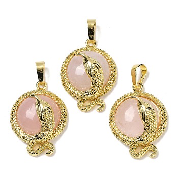 Natural Rose Quartz Flat Round Shaped Brass Pendants, Rack Plating, Cadmium Free & Lead Free, Golden, 29.5x21.5x9.5~11mm, Hole: 7.5x4.5mm