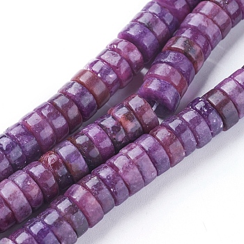 Natural Lepidolite/Purple Mica Stone Beads Strands, Spodumene Beads, Heishi Beads, Flat Round/Disc, 7.5~8x3mm, Hole: 1.2mm, about 111~124pcs/strand, 14.1~15.7 inch(36~40cm)
