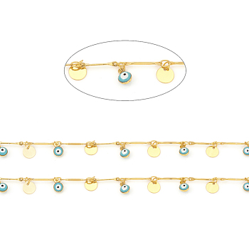 Brass Bar Link Chains, with Enamel, Long-Lasting Plated, Soldered, with Spool, Eye & Flat Round, Real 18K Gold Plated, Turquoise, Link: 13x2x1mm, Eye: 7x5x4mm, Flat Round: 6x0.2mm, about 32.8 Feet(10m)/roll
