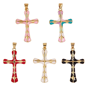 5Pcs 5 Colors Brass Enamel Pendants, Real 18K Gold Plated, Long-Lasting Plated, Cross, Mixed Color, 32.5x21.5x3.5mm, Hole: 5x3mm, 1pc/color