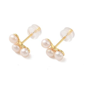 Sterling Silver Studs Earrings, with Natural Pearl, Jewely for Women, Flower, Real 18K Gold Plated, 15x10.5mm