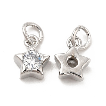 Brass Cubic Zirconia Charms, with Jump Ring, Star Charm, Platinum, 9.4x7.5x3.3mm, Hole: 2.5mm