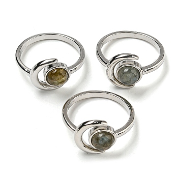 Natural Labradorite Adjustable Rings, with Platinum Brass Findings, Long-Lasting Plated, Jewely for Women, Moon with Round, US Size 8(18.1mm).