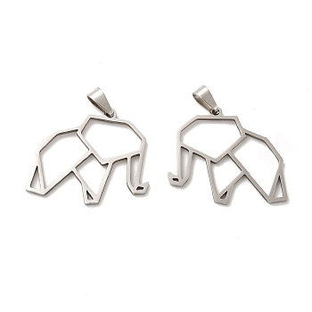 201 Stainless Steel Origami Pendants, Elephant Outline Charms, Stainless Steel Color, 25.5x28.8x1.5mm, Hole: 6.5x3mm