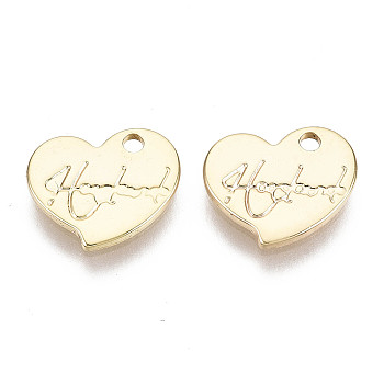 Brass Charms, Nickel Free, Heart with Word, Real 18K Gold Plated, 8x9.5x1mm, Hole: 1.2mm