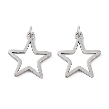 304 Stainless Steel Pendants, Laser Cut, with Jump Ring, Stainless Steel Color, Star, 16.5x15x1mm, Hole: 2mm