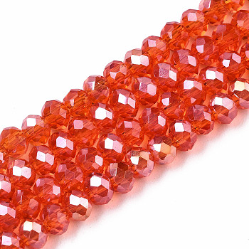 Electroplate Glass Beads Strands, AB Color Plated, Faceted, Rondelle, Orange Red, 6x5mm, Hole: 1mm, about 84~85pcs/strand, 16.34~16.54 inch(41.5~42cm)