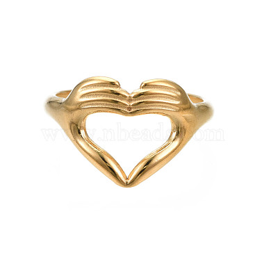 Ion Plating(IP) Rack Plating 304 Stainless Steel Heart Gesture Open Cuff Ring for Women(RJEW-S405-260G)-2