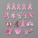 Breast Cancer Pink Awareness Ribbon Theme Alloy Enamel Pendants, Silver, Pink, 17.5~28x11.5~32.5x1.5~1.7mm, Hole: 1.6~1.8mm, 17pcs/set(ENAM-WH0068-05P)
