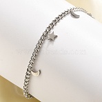 304 Stainless Steel Moon & Star Charm Bracelets, Curb Chains Bracelets for Women, Stainless Steel Color, 6-3/4 inch(17.2cm) Long+35mm Extender(BJEW-R021-05P)