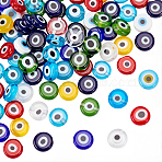 100Pcs Handmade Evil Eye Lampwork Beads, Flat Round, Mixed Color, 10x4mm, Hole: 1mm(LAMP-SP0001-05)