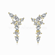 925 Sterling Silver with Cubic Zirconia Stud Earrings for Women, Wing, Real 18K Gold Plated, 25x13.5mm(EJEW-Z052-01G)