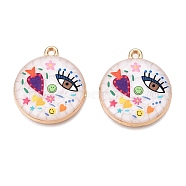 Printed Rack Plating Alloy Enamel Pendants, Golden, Flat Round with Eye & Heart Charm, Colorful, 28.5x25x4mm, Hole: 1.8mm(ENAM-T020-02B)