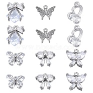 SUNNYCLUE 12Pcs 6 Style Brass Inlaid Clear Cubic Zirconia Charms, Platinum, 9~13.5x9.5~13x1.5~5mm, Hole: 1.2~1.4mm, 2pcs/style(ZIRC-SC0001-12)