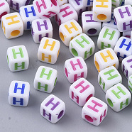 White Opaque Acrylic Beads, Horizontal Hole, Cube with Mixed Color Letter, Letter.H, 5x5x5mm, Hole: 2mm, about 5000pcs/500g(MACR-R869-01H)